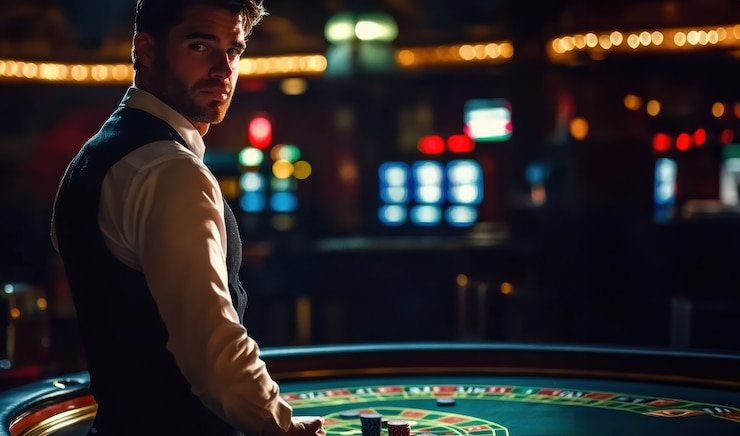 Dealer live casino profesional membagikan kartu di meja virtual